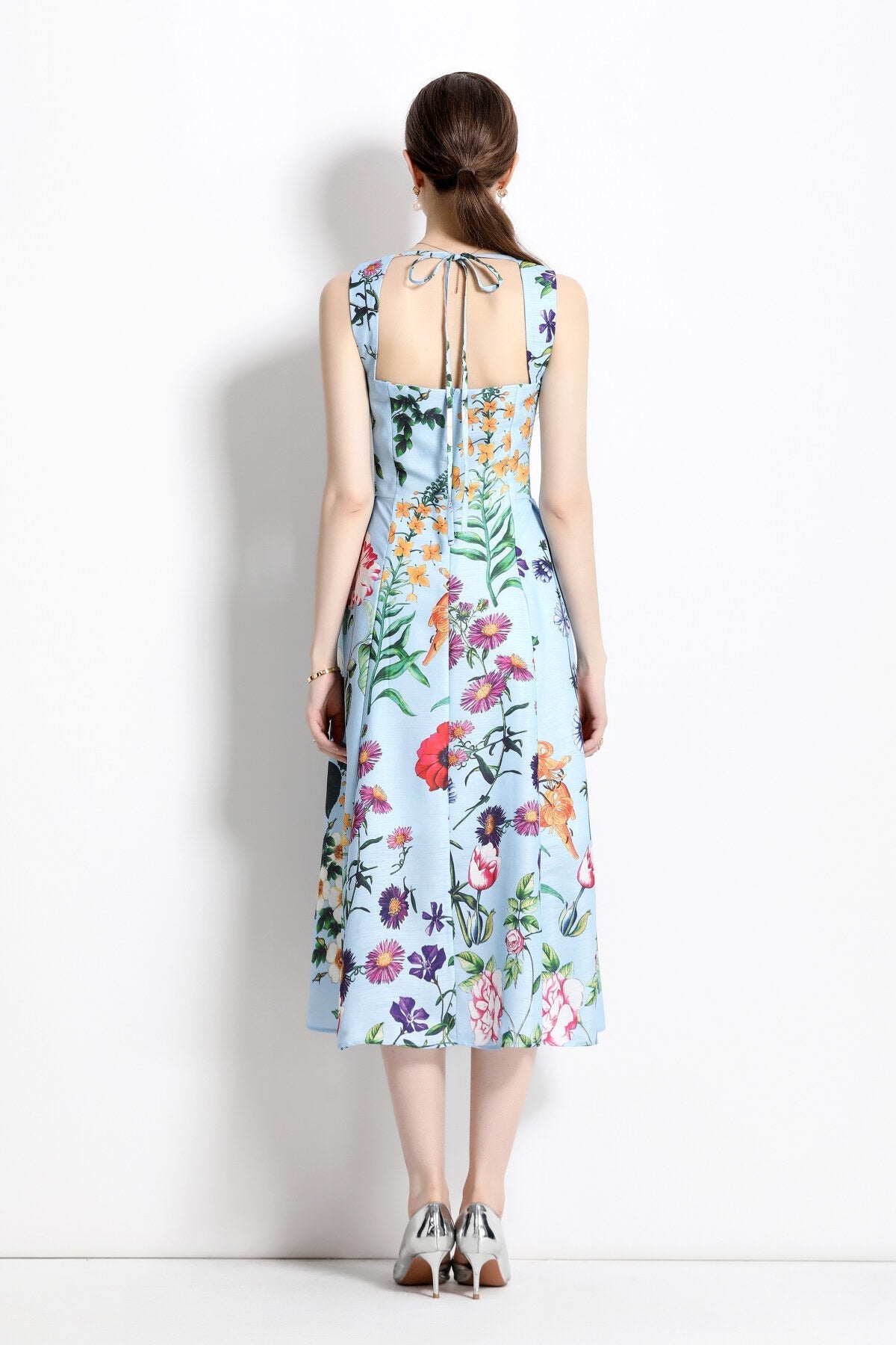 French Vintage Blue Floral High Waist Thick Strap Dress-3