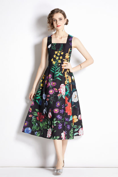 French Vintage Floral Black High Waist Spaghetti Strap Dress-0