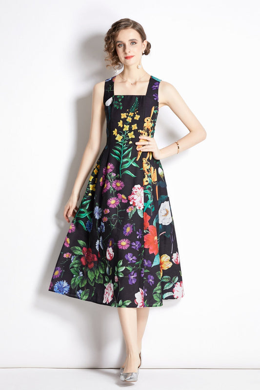 French Vintage Floral Black High Waist Spaghetti Strap Dress-0