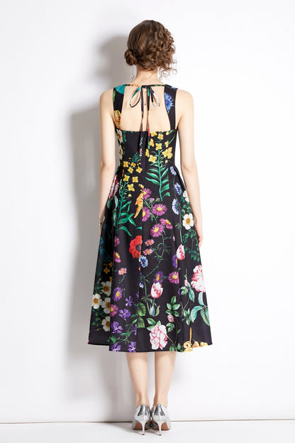 French Vintage Floral Black High Waist Spaghetti Strap Dress-3