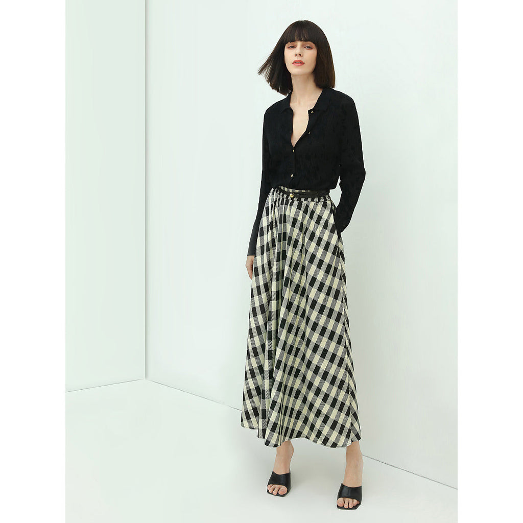 Full A Line High-Waist Checkered Maxi Skirt-2