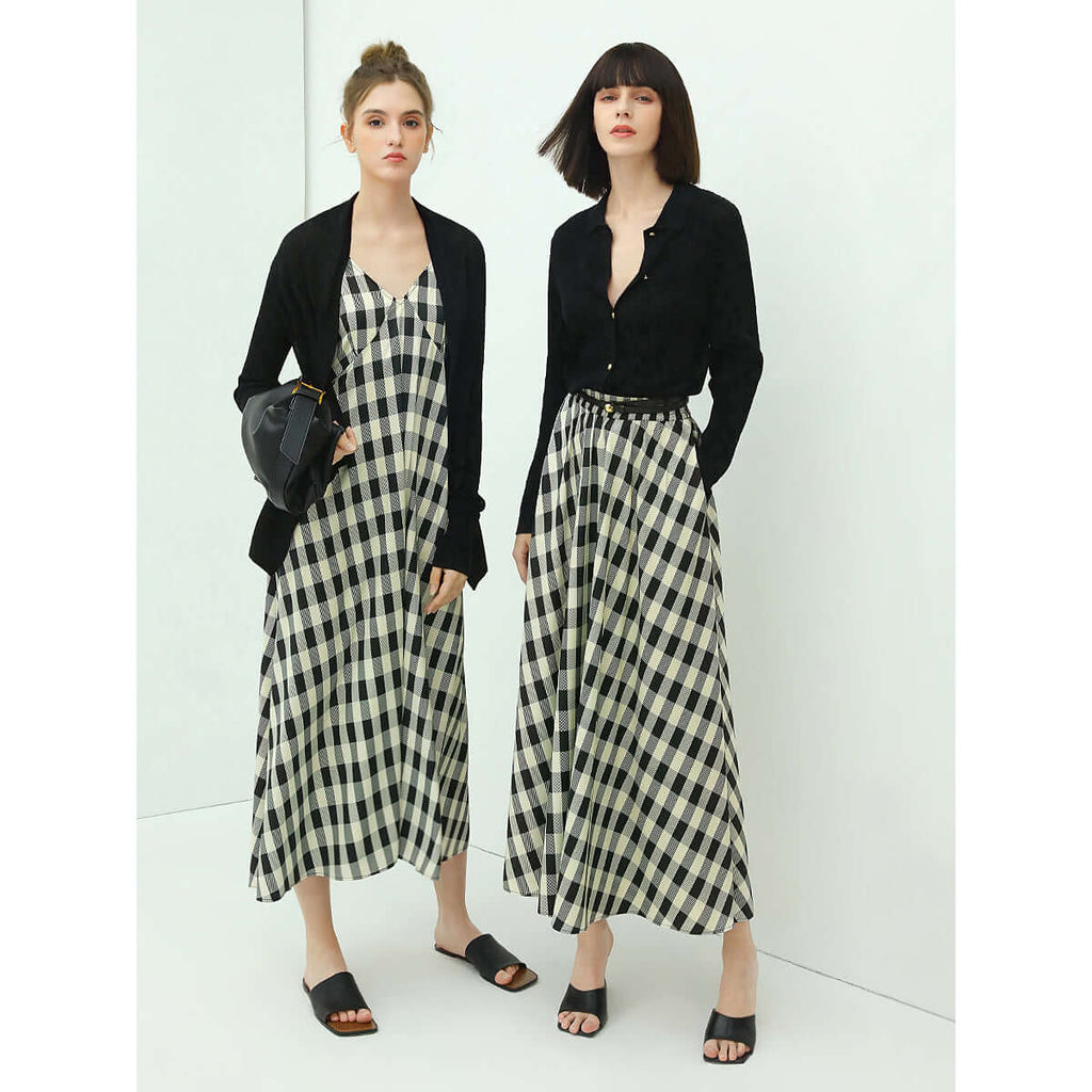 Full A Line High-Waist Checkered Maxi Skirt-3