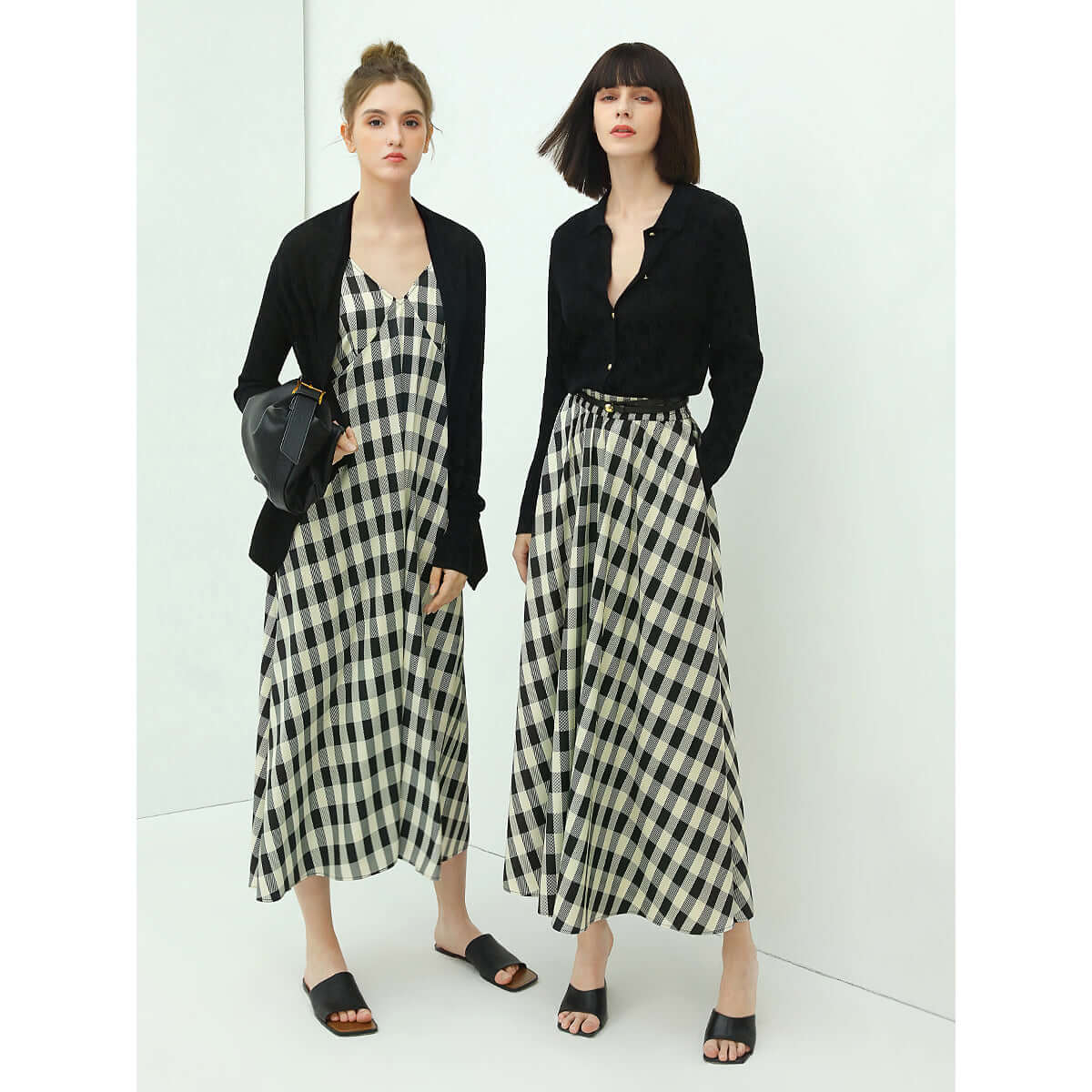 Full A Line High-Waist Checkered Maxi Skirt-3