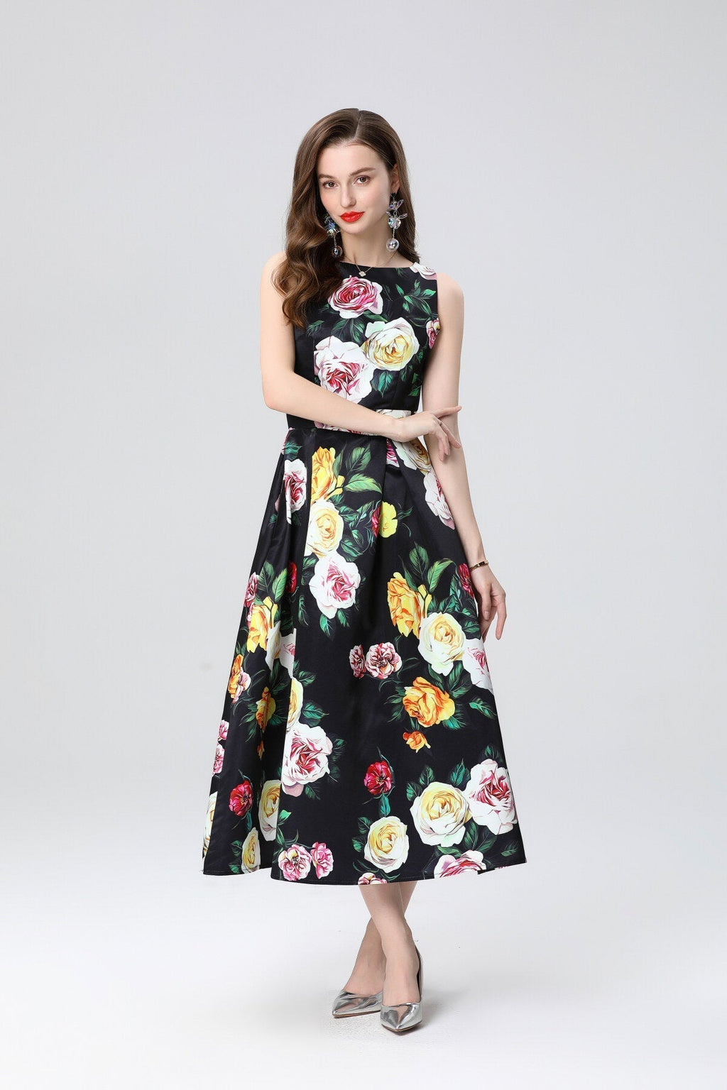 Garden Floral Structured Sleeveless High Waisted A Line Dress-0