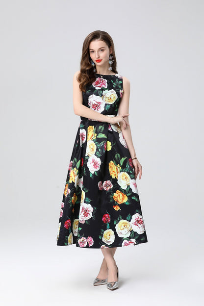 Garden Floral Structured Sleeveless High Waisted A Line Dress-0