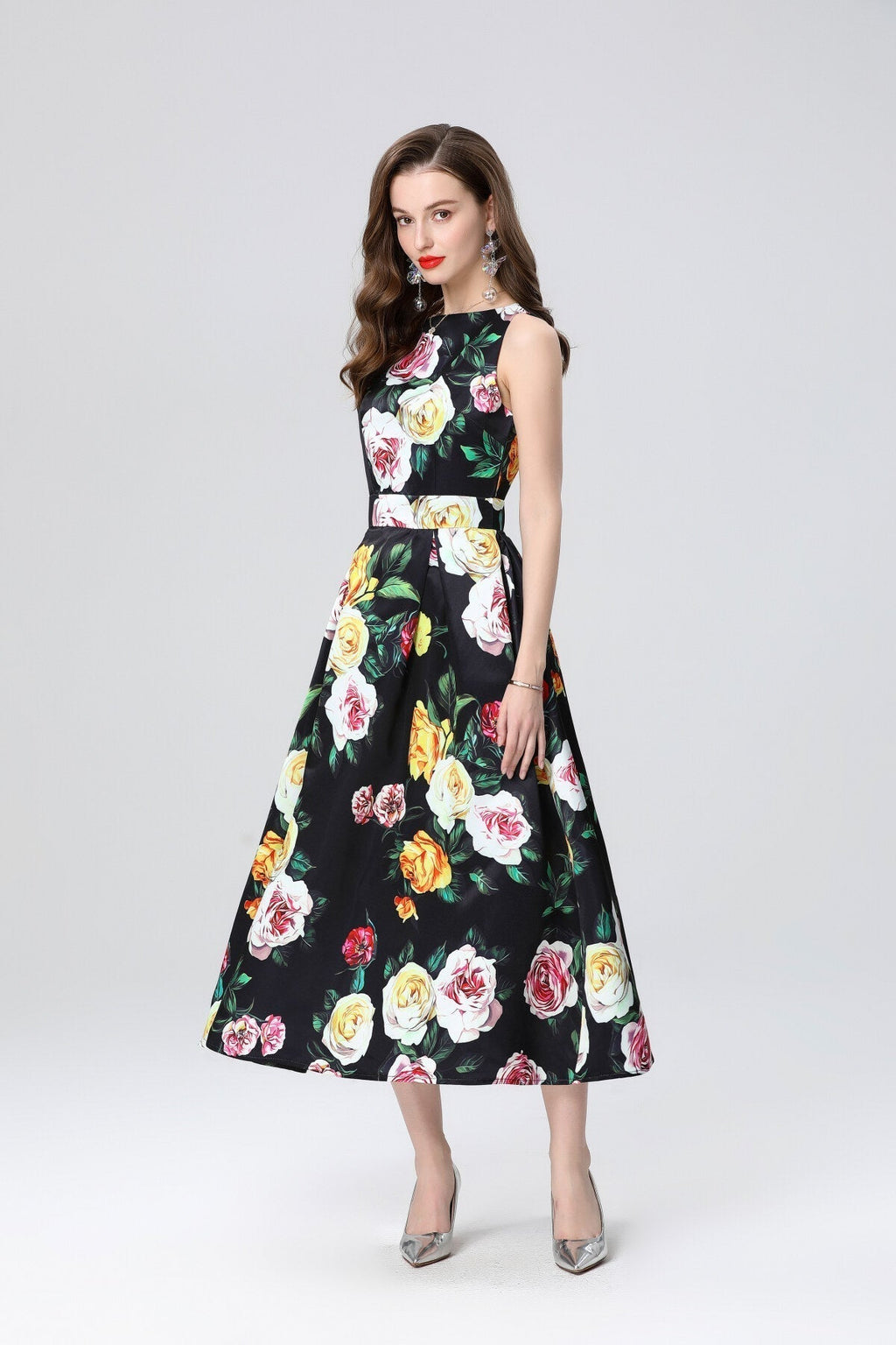 Garden Floral Structured Sleeveless High Waisted A Line Dress-1