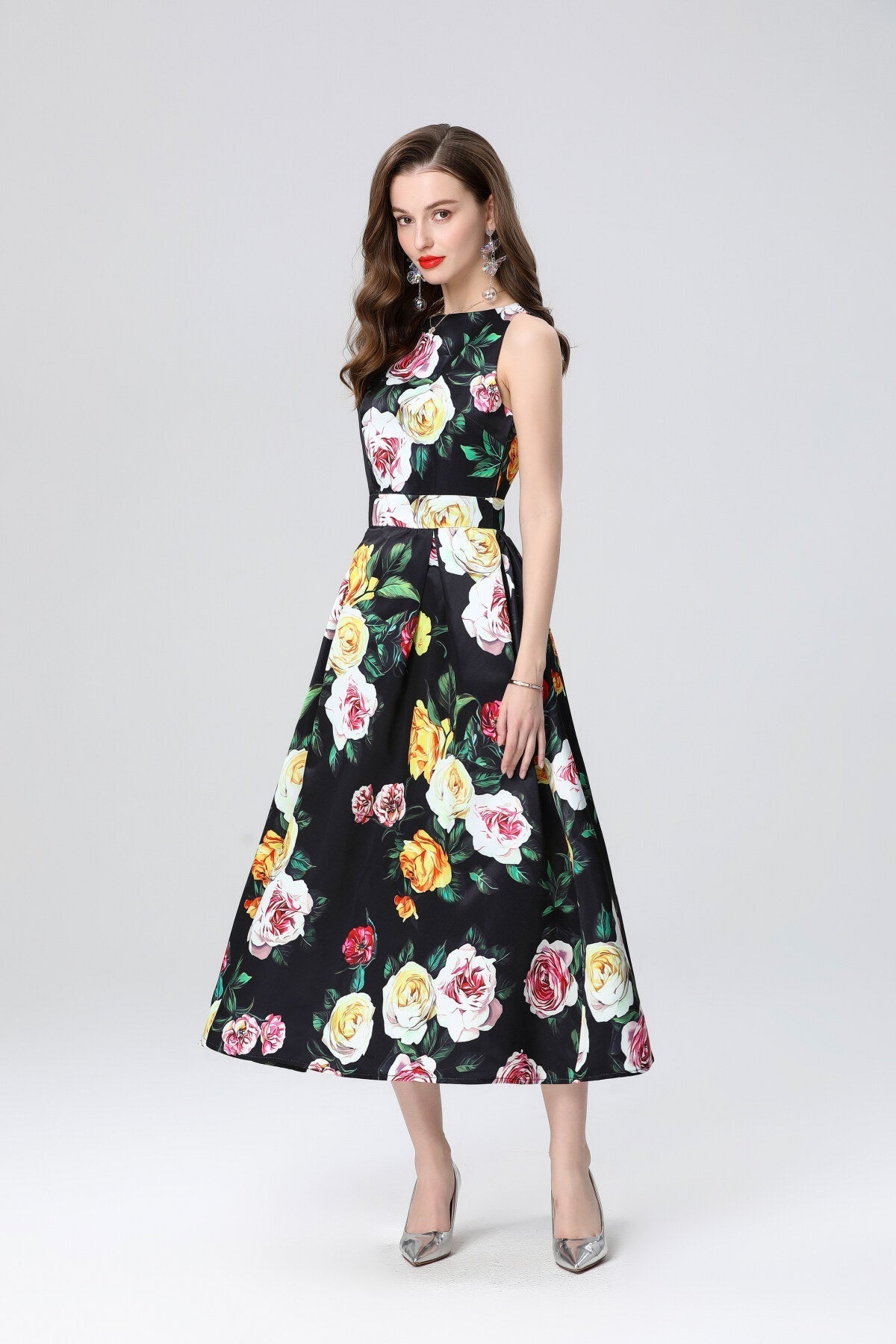 Garden Floral Structured Sleeveless High Waisted A Line Dress-1