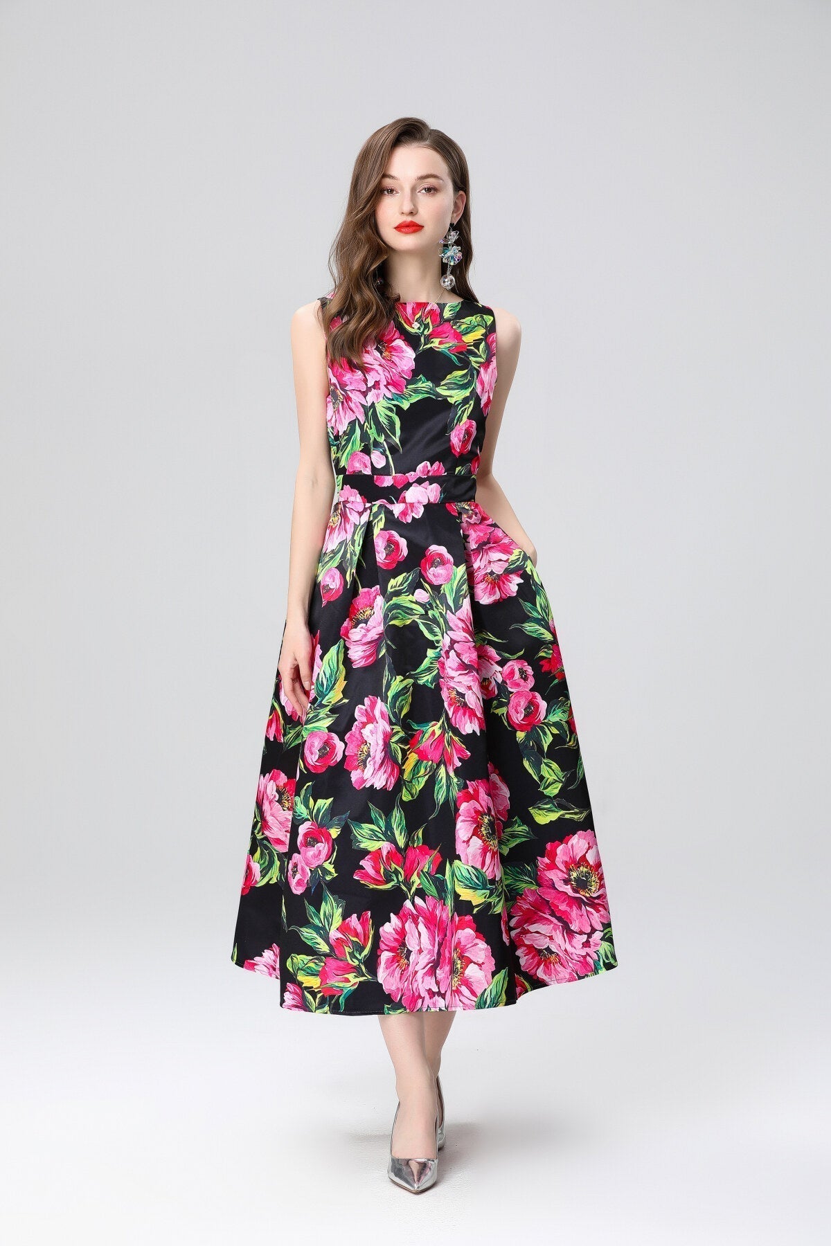 Garden Floral Structured Sleeveless High Waisted A Line Dress-4
