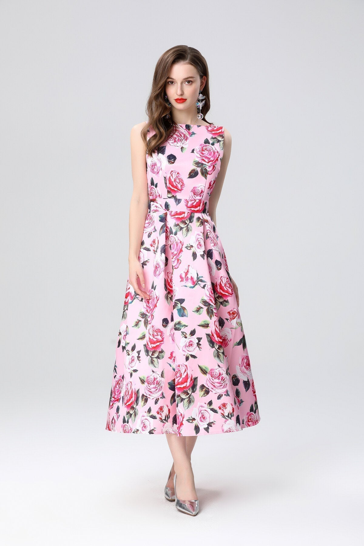Garden Floral Structured Sleeveless High Waisted A Line Dress-6