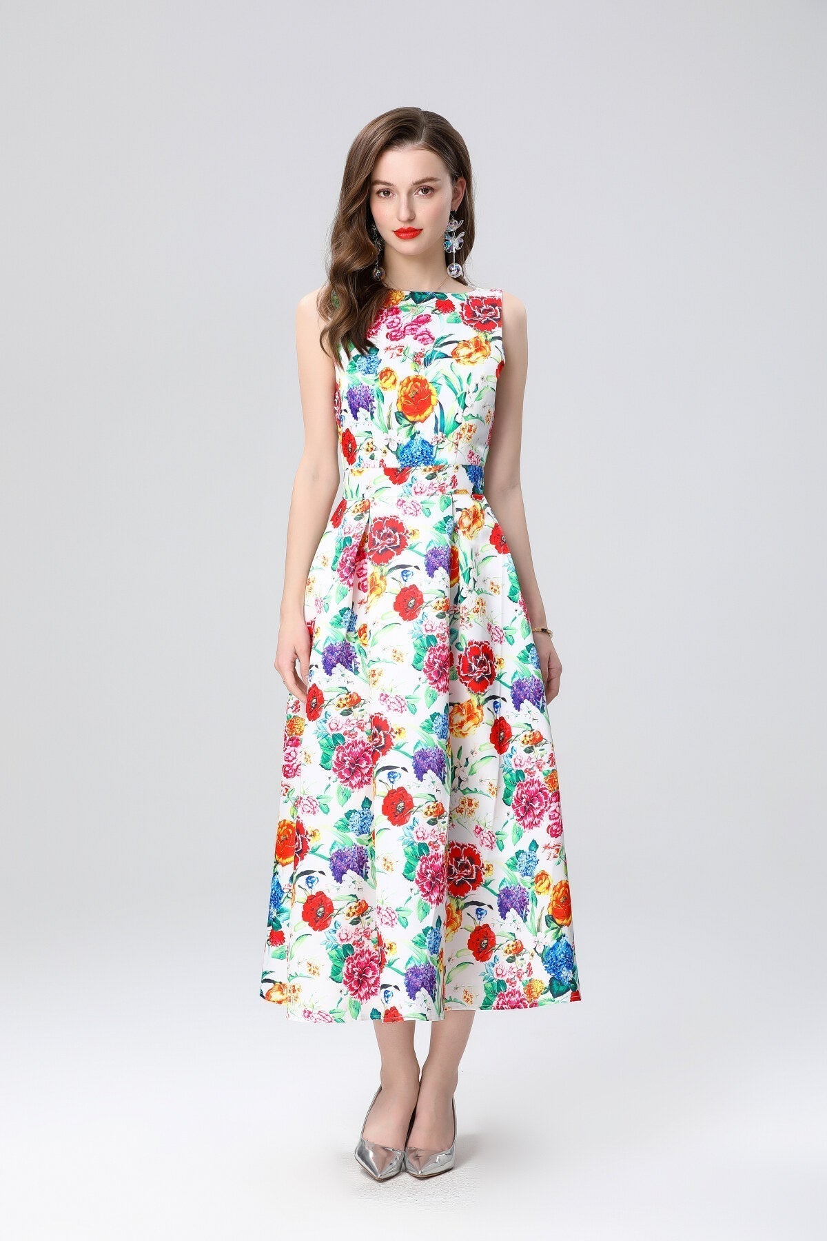 Garden Floral Structured Sleeveless High Waisted A Line Dress-7
