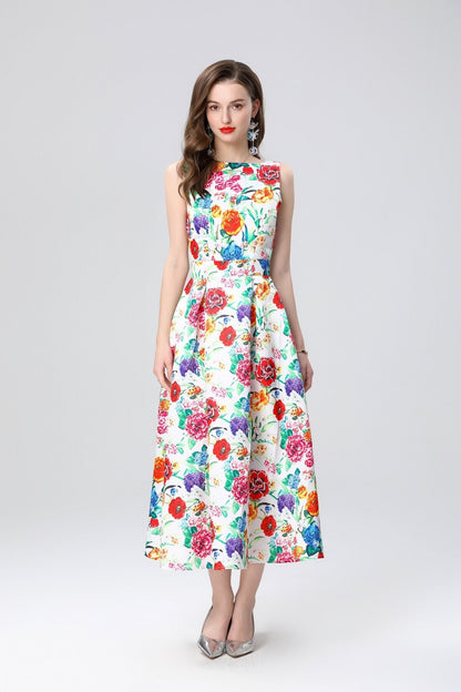 Garden Floral Structured Sleeveless High Waisted A Line Dress-7
