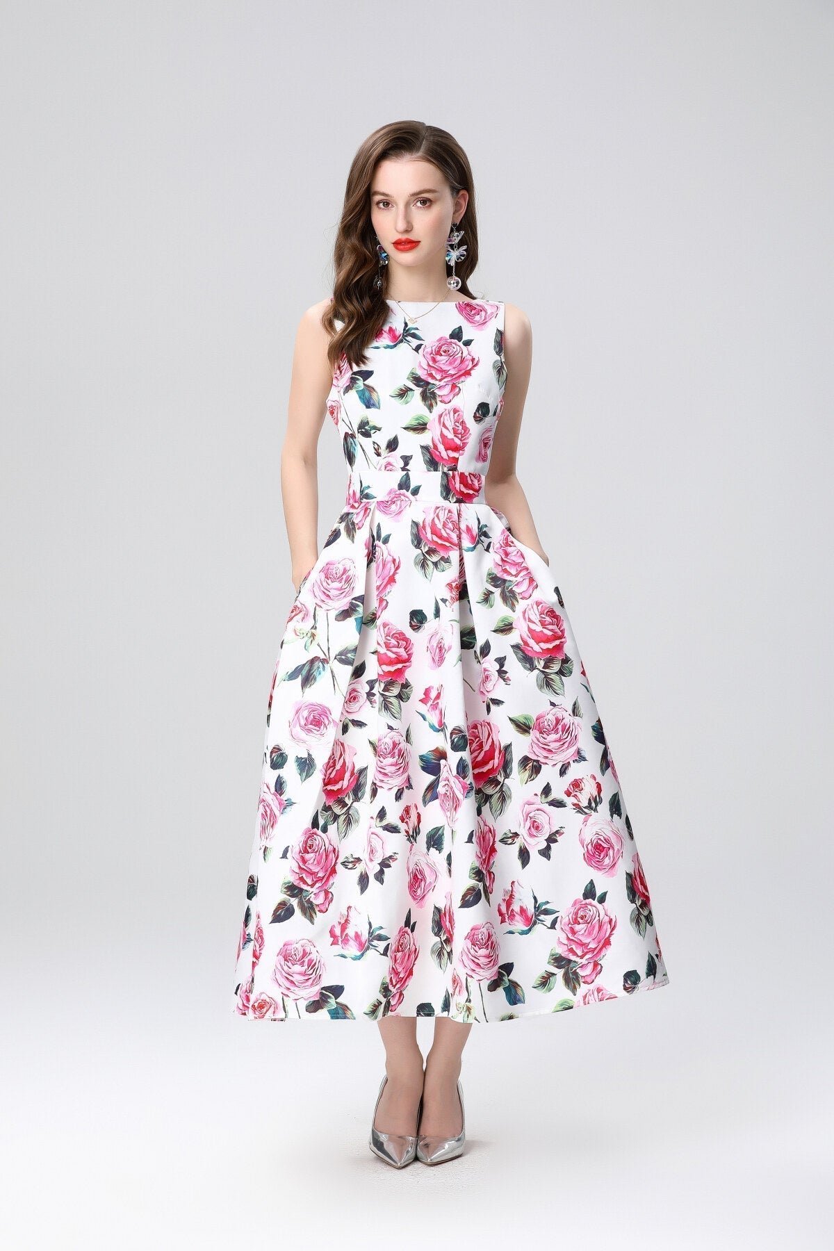 Garden Floral Structured Sleeveless High Waisted A Line Dress-9