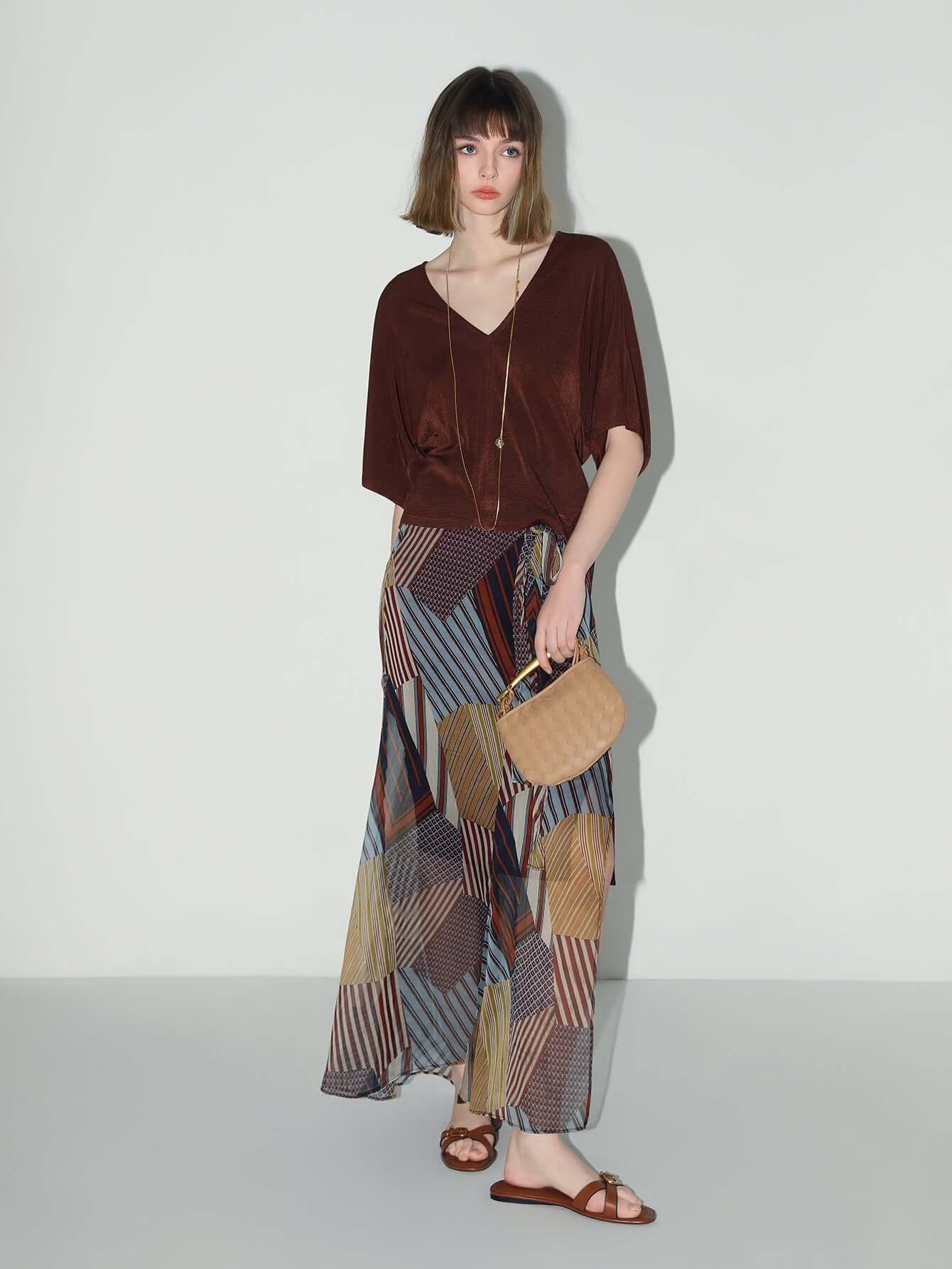 Geometric Patchwork Print Chiffon Skirt-1