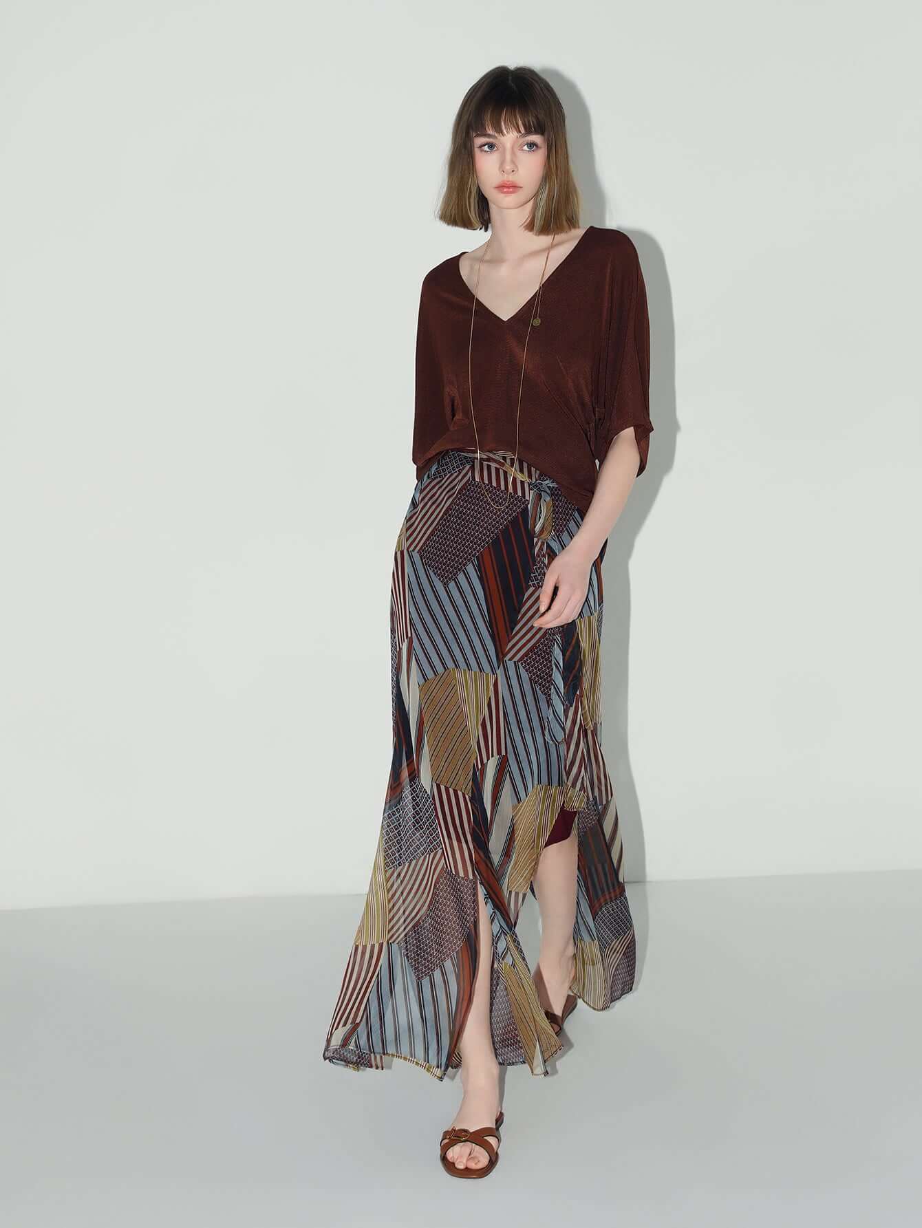 Geometric Patchwork Print Chiffon Skirt-2