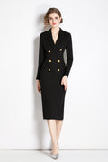 Gold Double Breasted Black Midi Blazer Dress-0