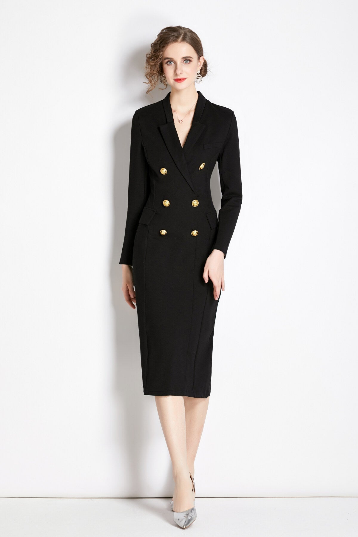 Gold Double Breasted Black Midi Blazer Dress-0