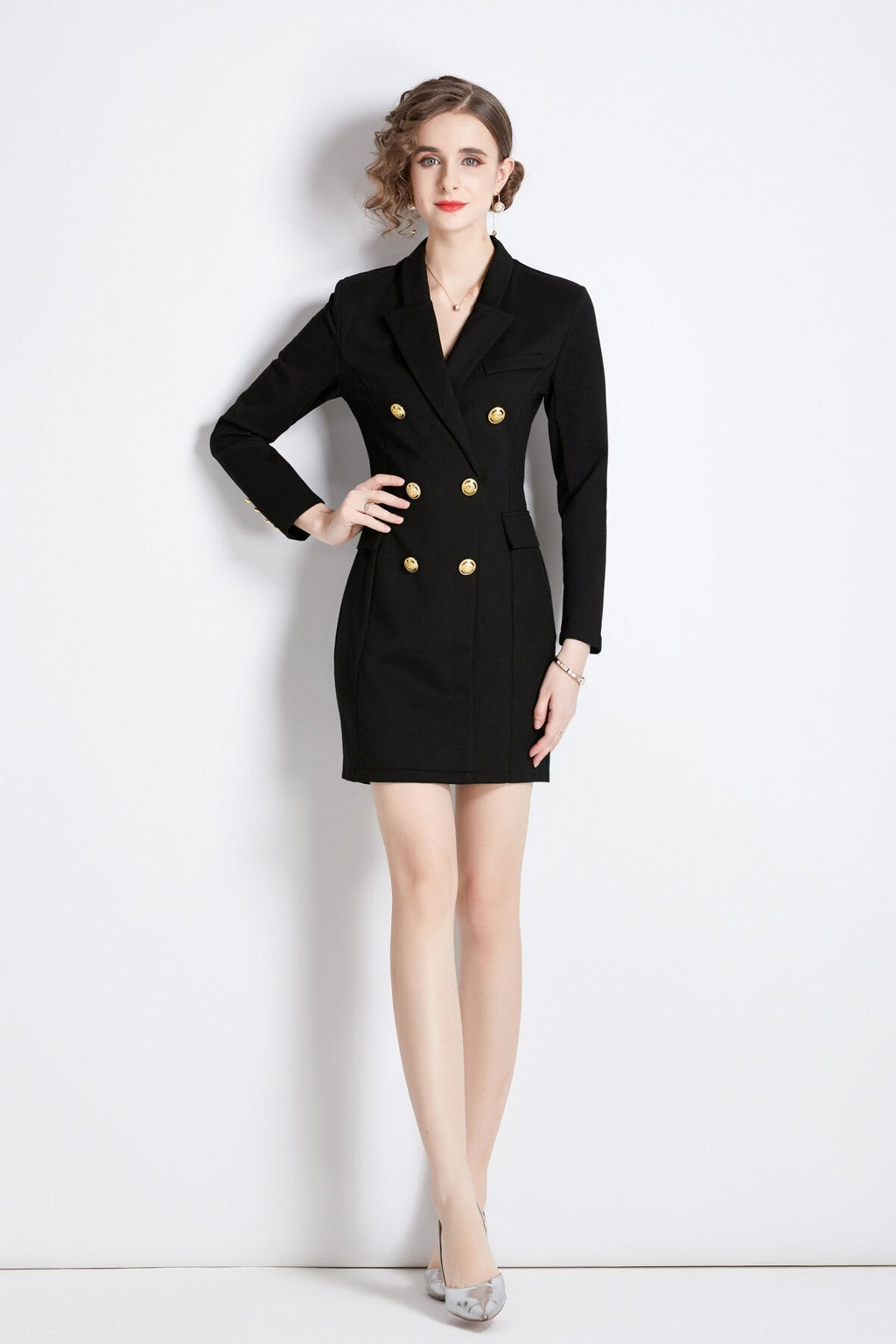 Gold Double Breasted Little Black Blazer Dress-2