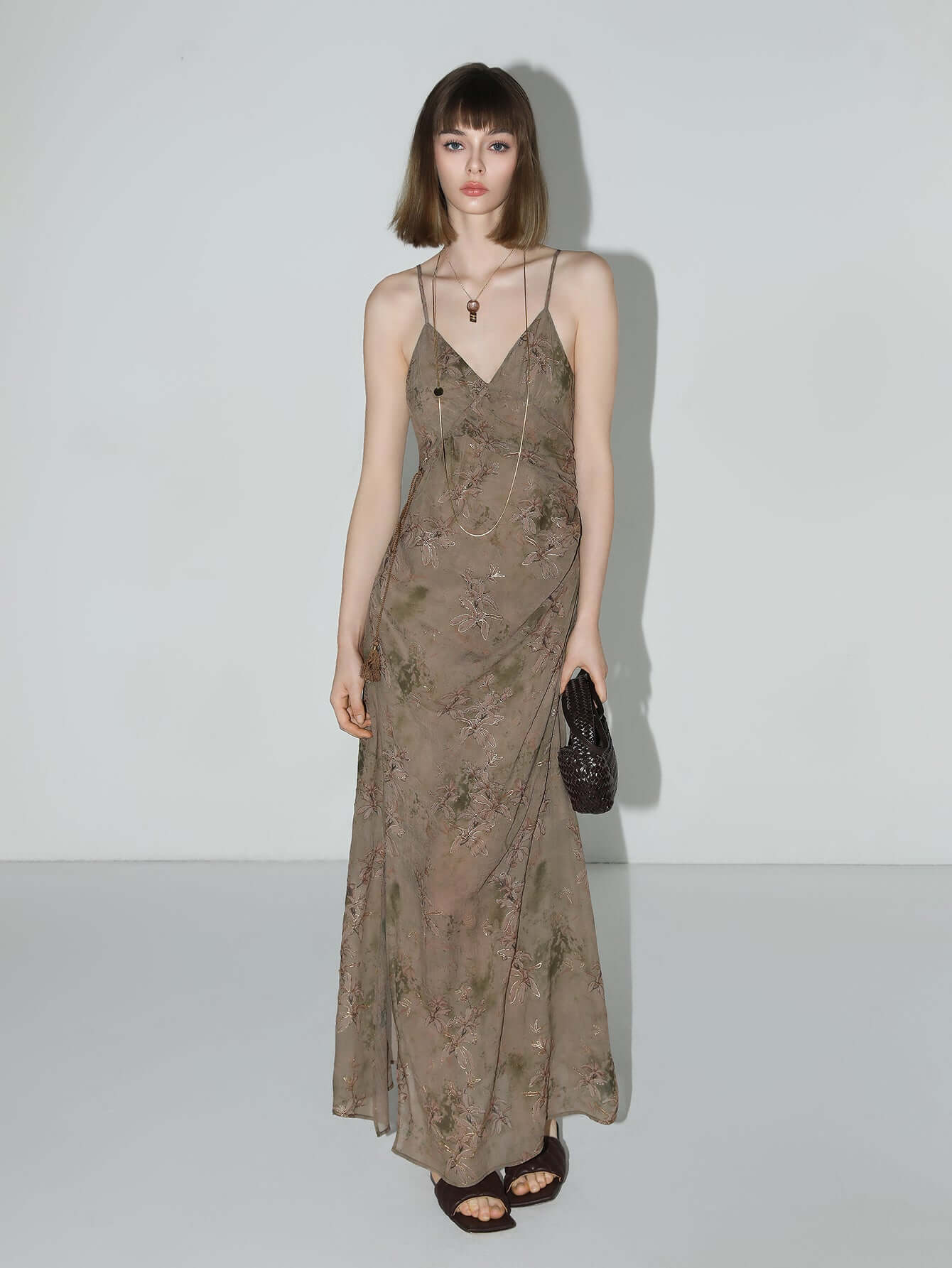 Golden Brown Tea Steep Floral Chiffon Cami Dress-0