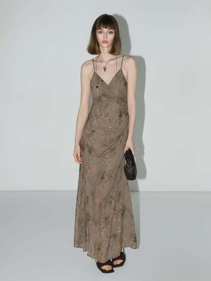 Golden Brown Tea Steep Floral Chiffon Cami Dress-0