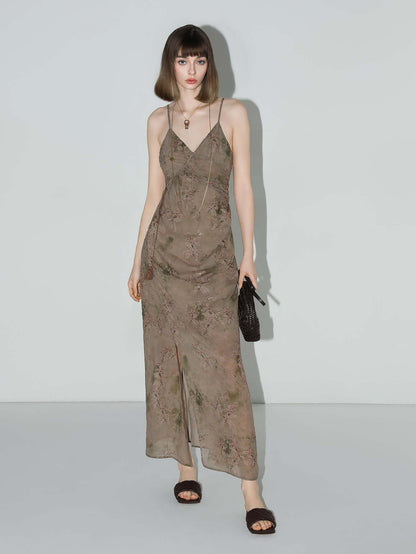 Golden Brown Tea Steep Floral Chiffon Cami Dress-1