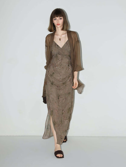 Golden Brown Tea Steep Floral Chiffon Cami Dress-2