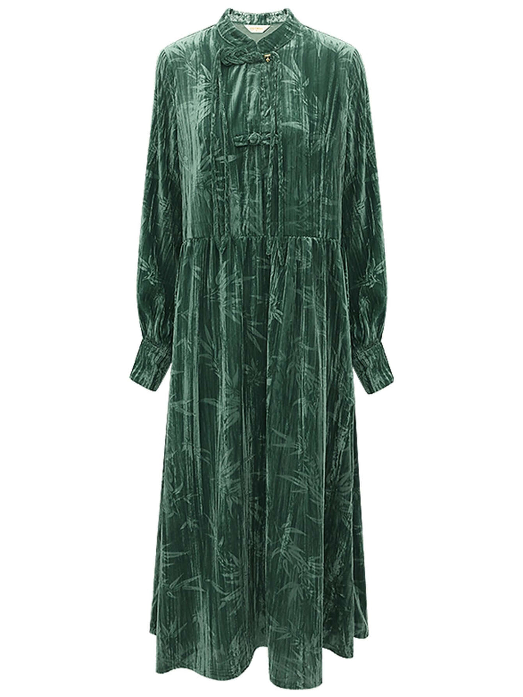 Green Bamboo Leaf and Knotted Button Dress-3
