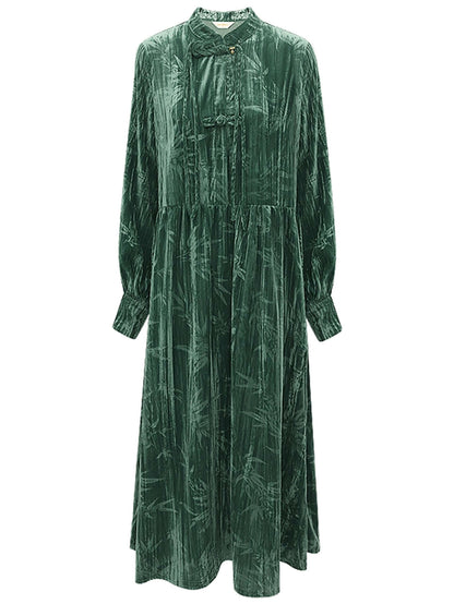 Green Bamboo Leaf and Knotted Button Dress-3
