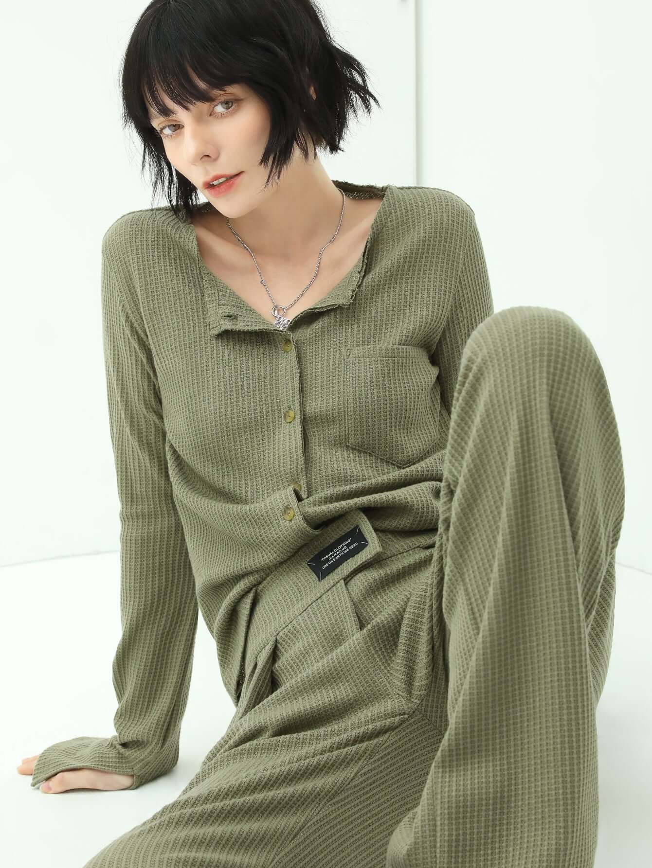 Green Waffle Knit Cardigan-0