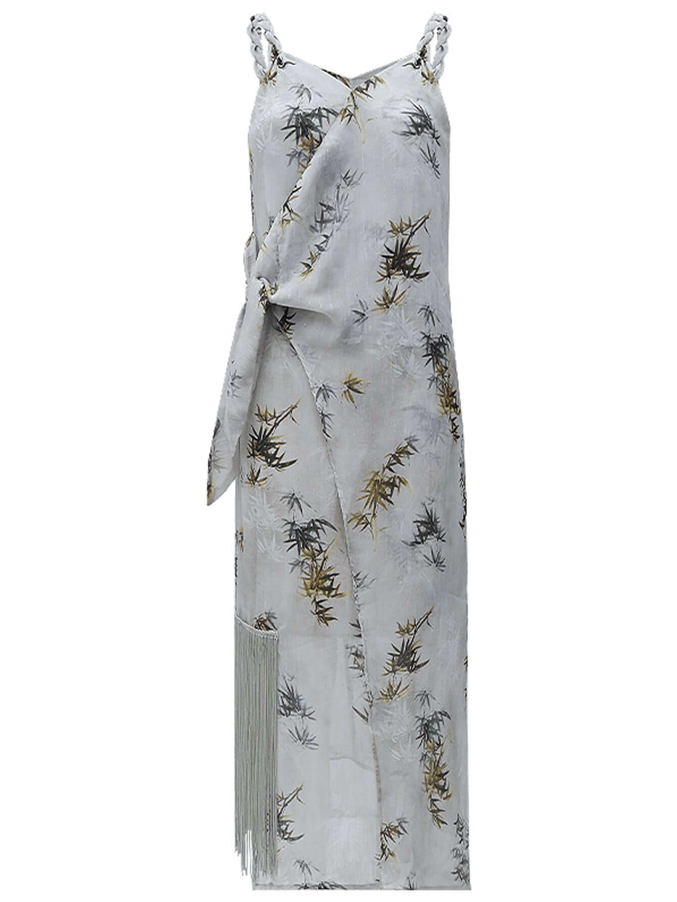 Grey Bamboo Foliage Asymmetrical Wrap Dress-3