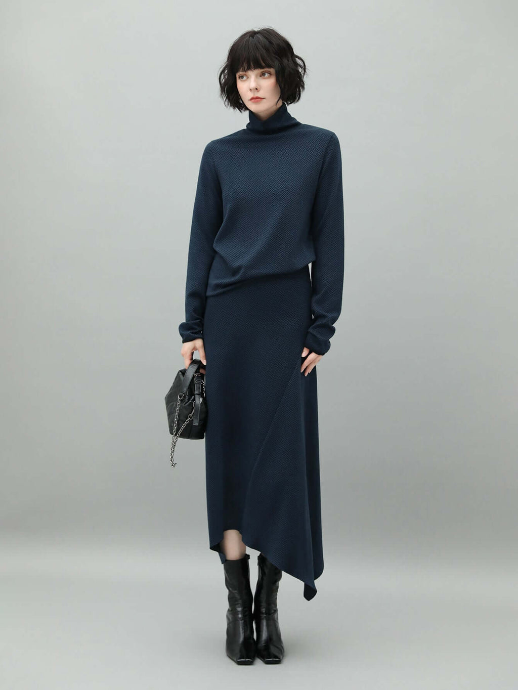 Herringbone High Neck Knit Top in Navy-2