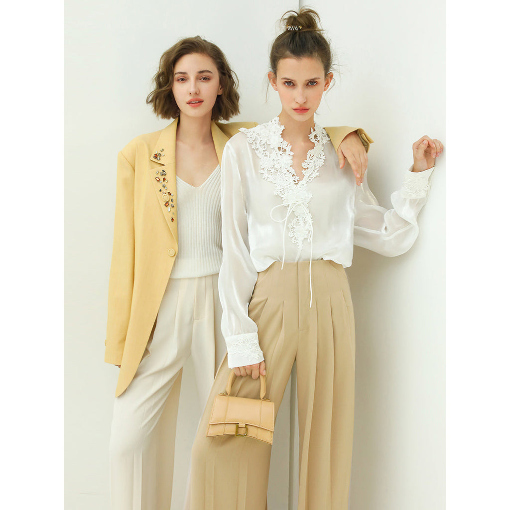 High Waist Pleated Wide Leg Beige Pants-2