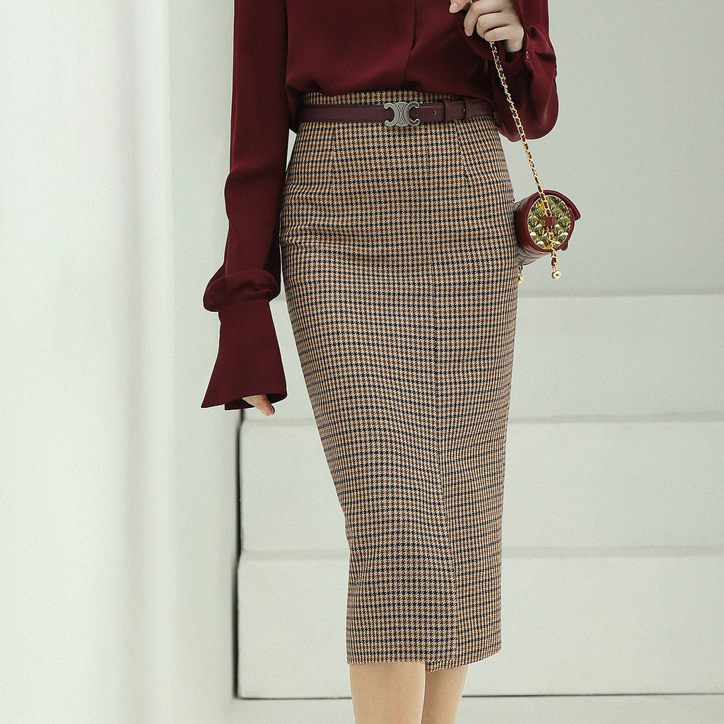 Houndstooth Brown Checkered Wool Skirt-0