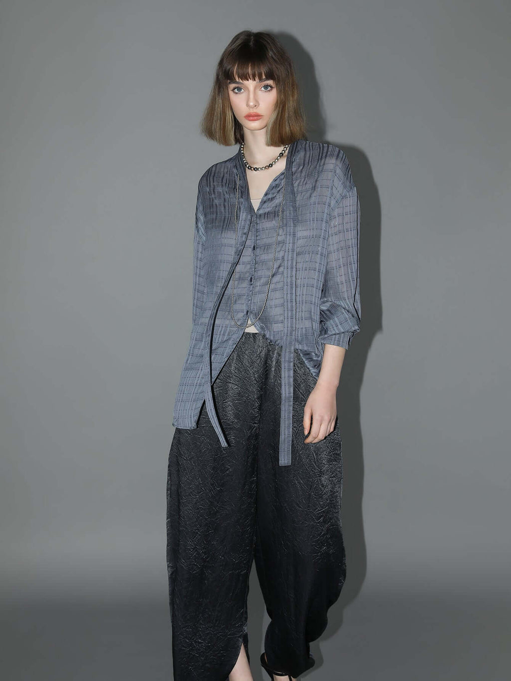 Intricate Sheer Navy Jacquard Shirt with Ribbon Tie-2