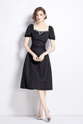 Jacquard Hand Beaded Square Neck Puff Sleeve Midi Dress-0