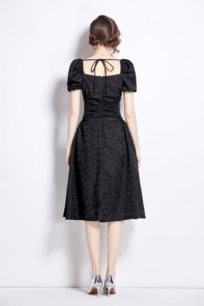 Jacquard Hand Beaded Square Neck Puff Sleeve Midi Dress-3