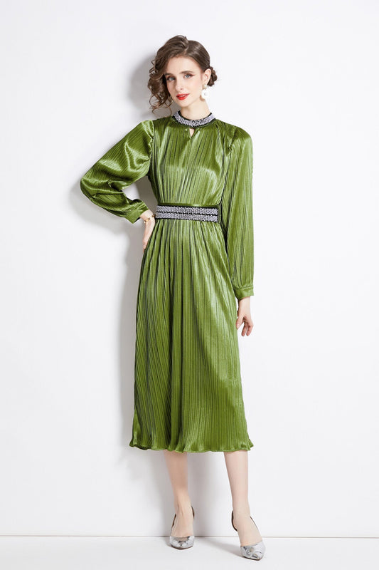 Lantern Sleeve Waist Tie Heavily Beaded Pleated Dress-0