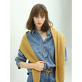 Long Sleeved Blue Denim Shirt with Contrasting Mustard Buttons-0