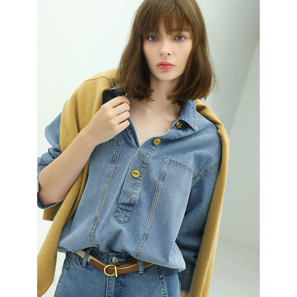 Long Sleeved Blue Denim Shirt with Contrasting Mustard Buttons-2