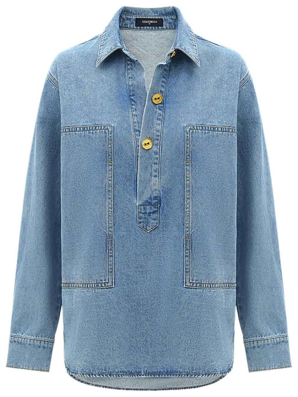Long Sleeved Blue Denim Shirt with Contrasting Mustard Buttons-3