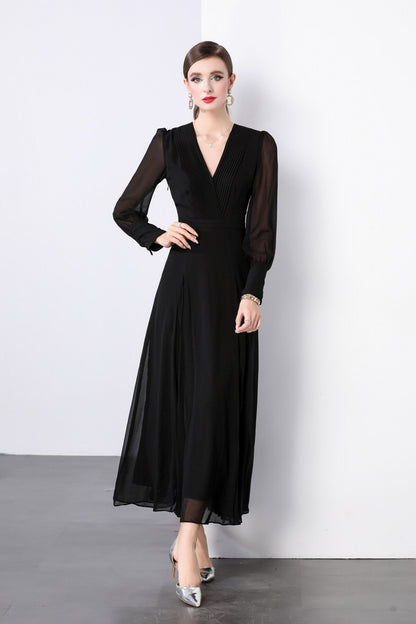 Midnight Black Long Sleeve Ruched Waist V Neck Maxi Dress-0