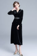Midnight Black Velvet Long Sleeve Belted Midi Dress-0