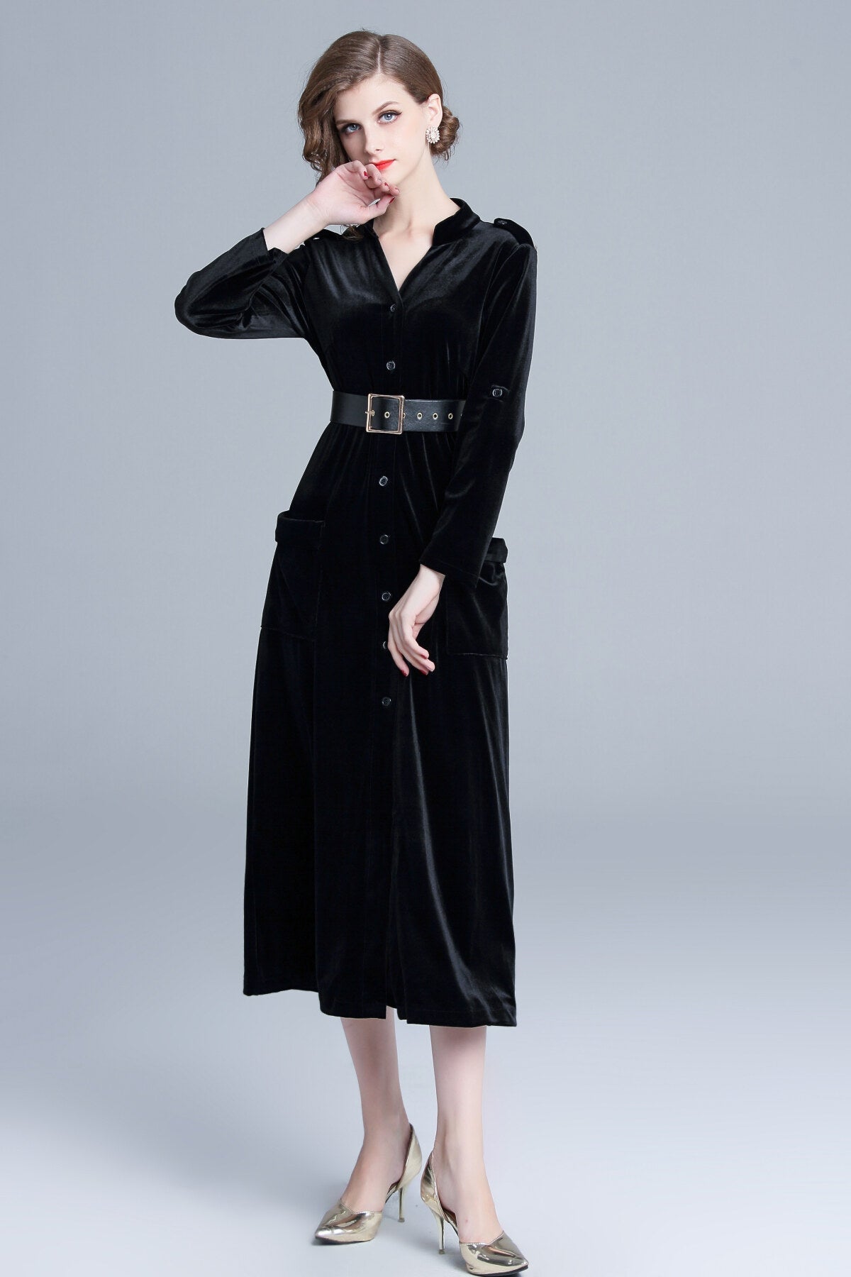Midnight Black Velvet Long Sleeve Belted Midi Dress-0