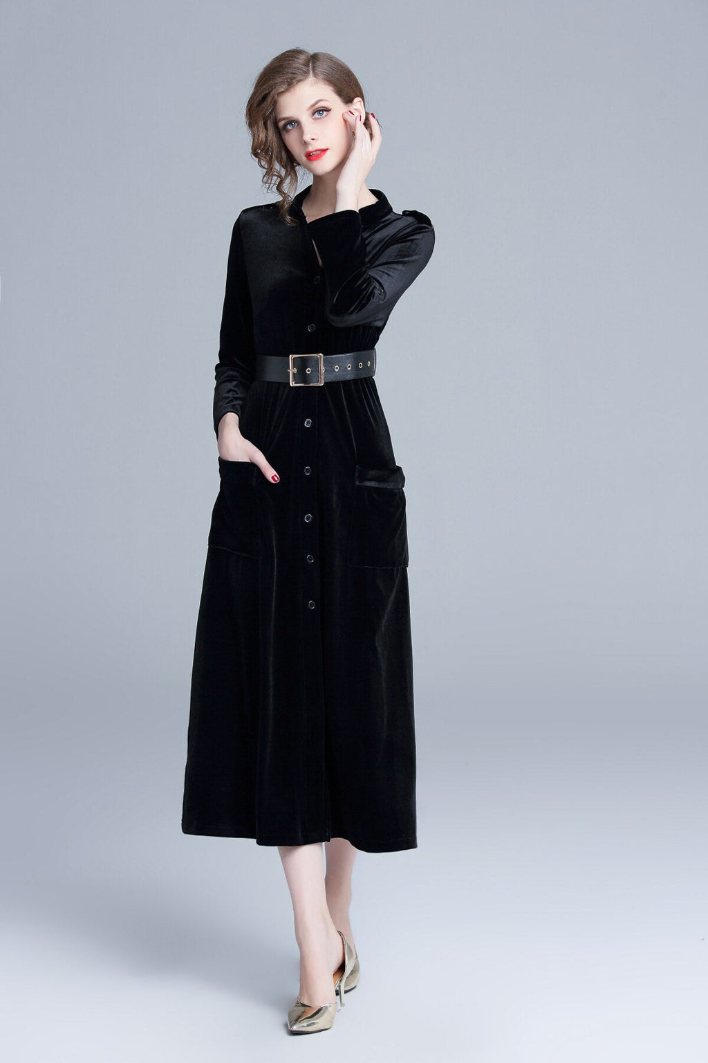 Midnight Black Velvet Long Sleeve Belted Midi Dress-2