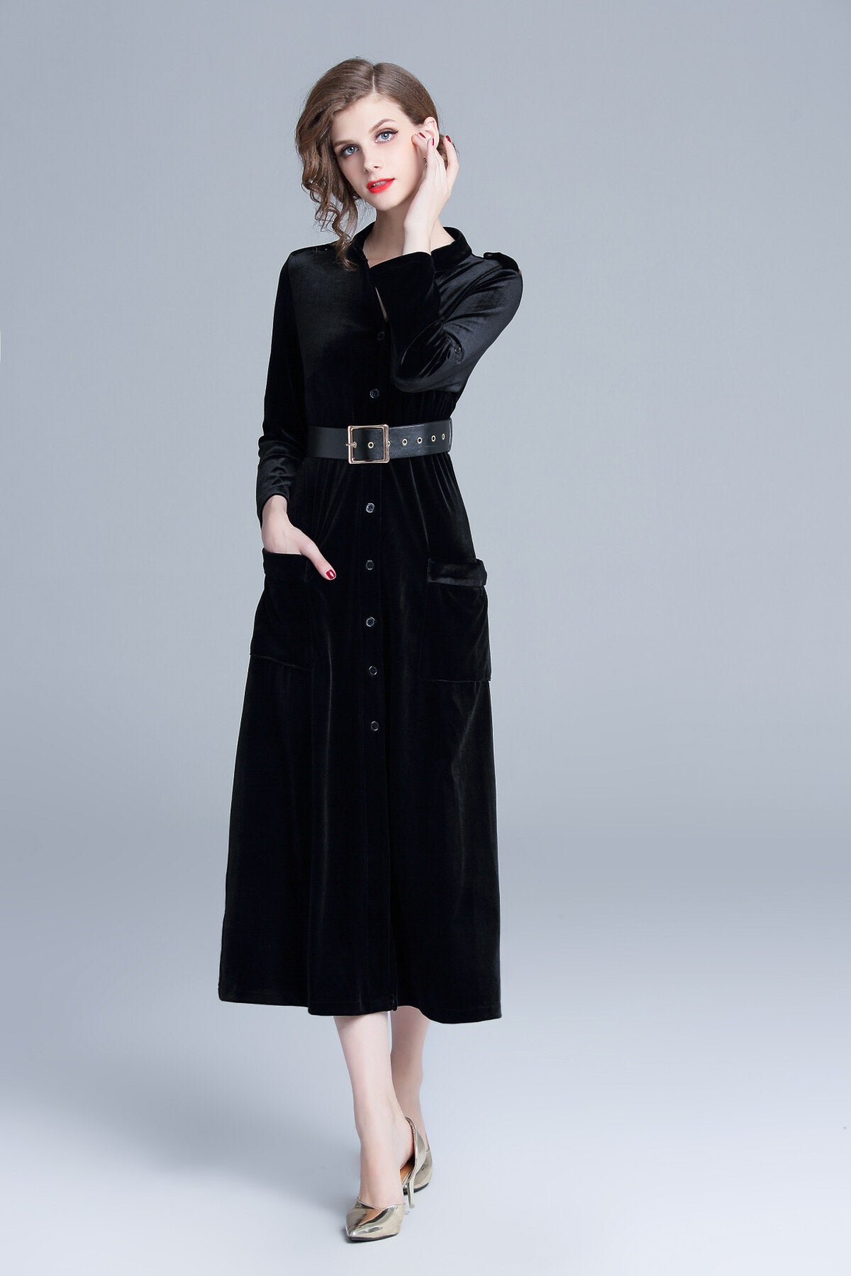 Midnight Black Velvet Long Sleeve Belted Midi Dress-2