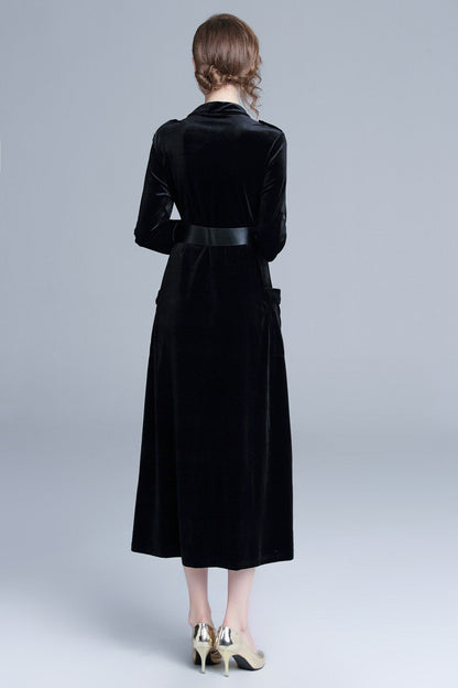 Midnight Black Velvet Long Sleeve Belted Midi Dress-3