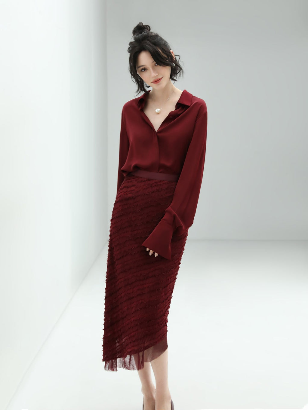 Minimalist Glossy Burgundy Wine Button Down Shirt-2