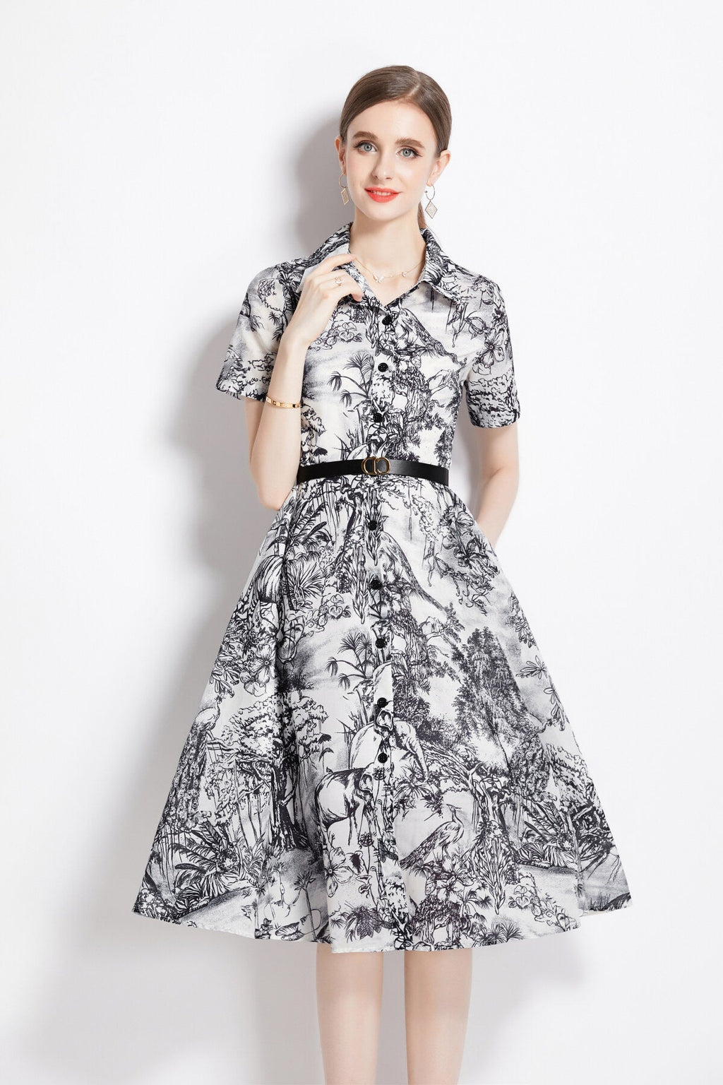 Natural Forest Waist Cinching Flared Work Shirt Dress-1