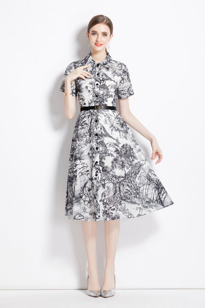 Natural Forest Waist Cinching Flared Work Shirt Dress-2