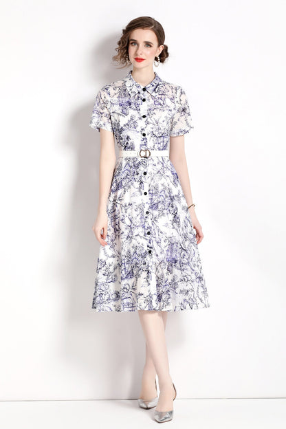 Natural Forest Waist Cinching Flared Work Shirt Dress-4