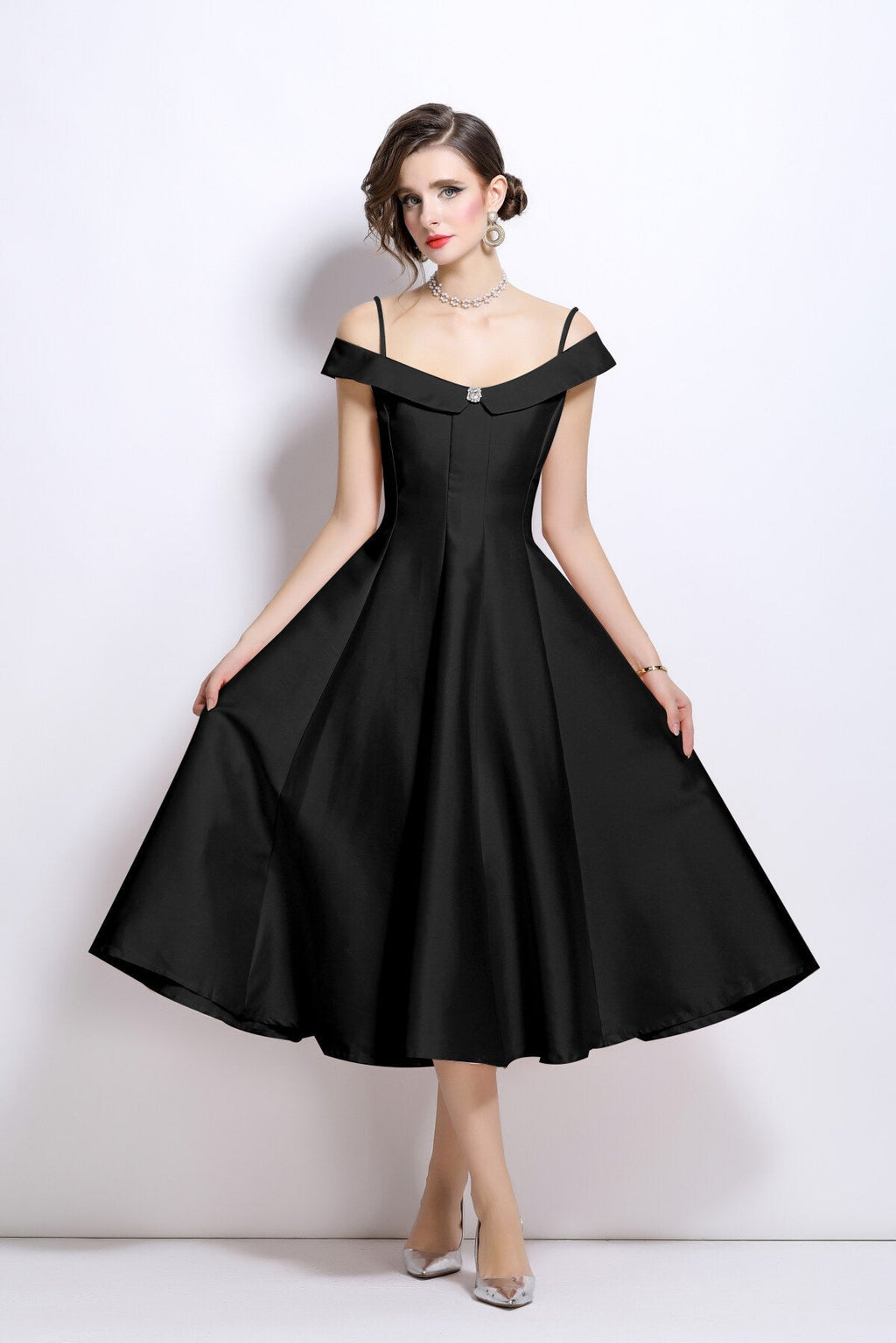 Off Shoulder Sweetheart Neckline Calf Length Dress-2